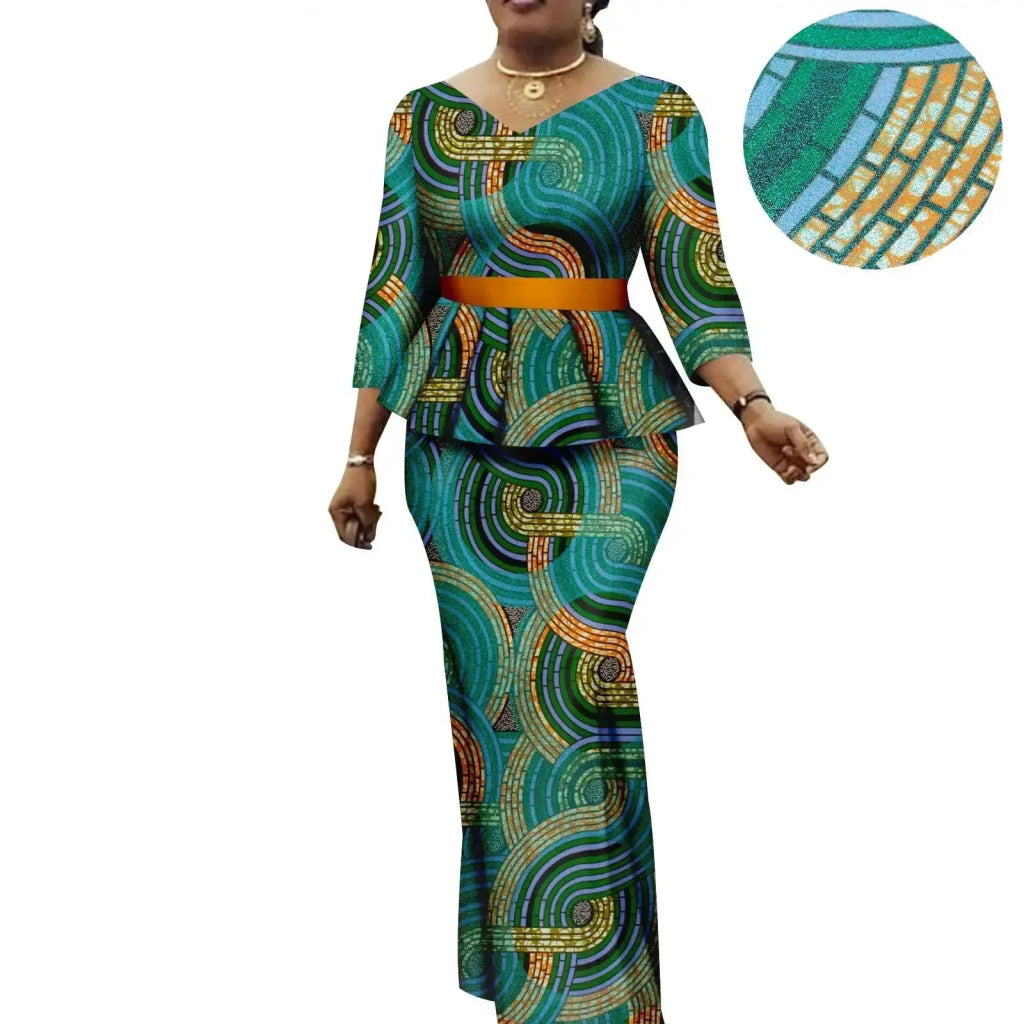 Women’s African Ankara 2PC Set Crop Top Maxi Skirt Belted Traditional Outfit - Free Delivery Worldwide only at Flexi Africa