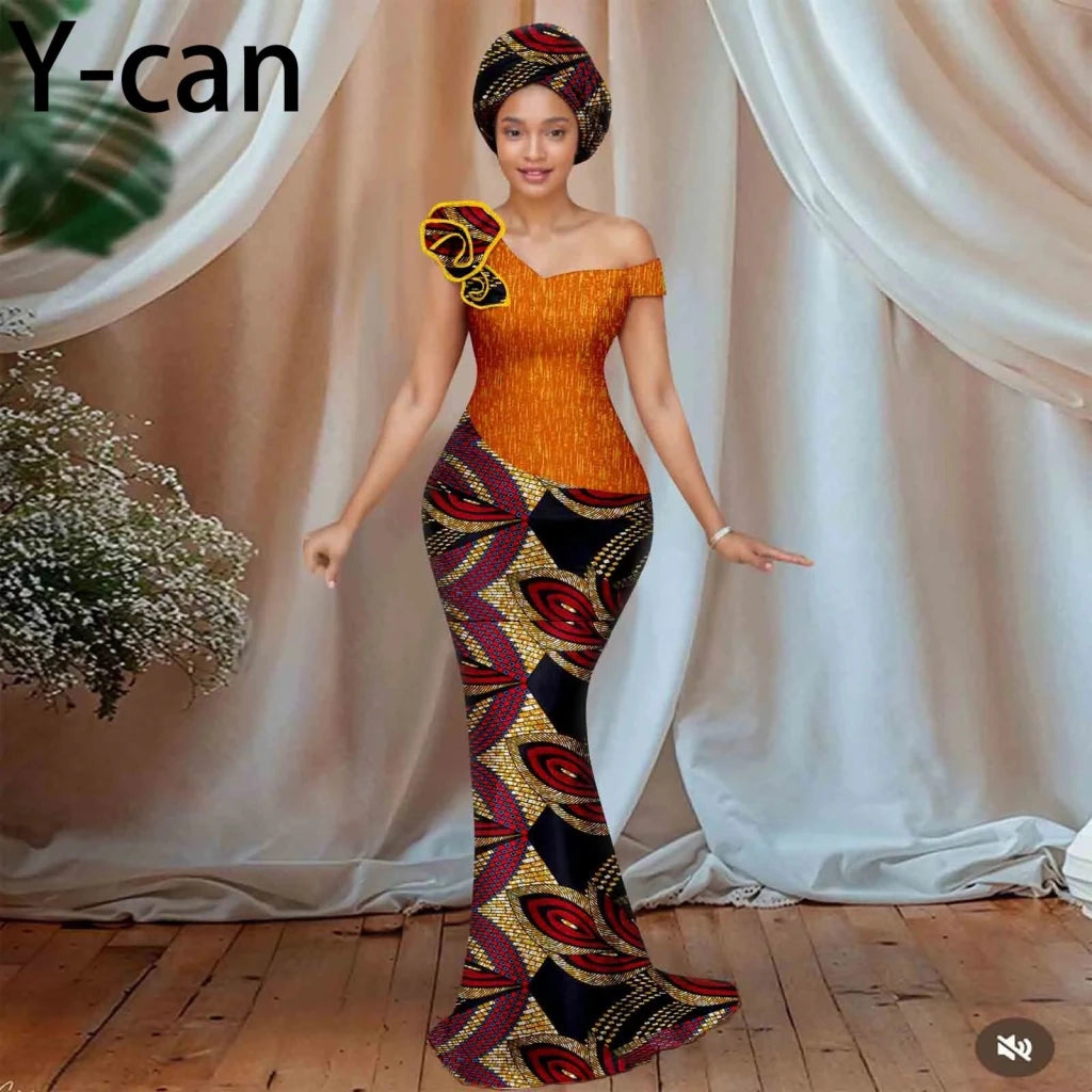 Buy Women’s African Ankara Floral Gown – One-Shoulder Sexy Dress with Matching Headscarf for only $77.22 at Flexi Africa!