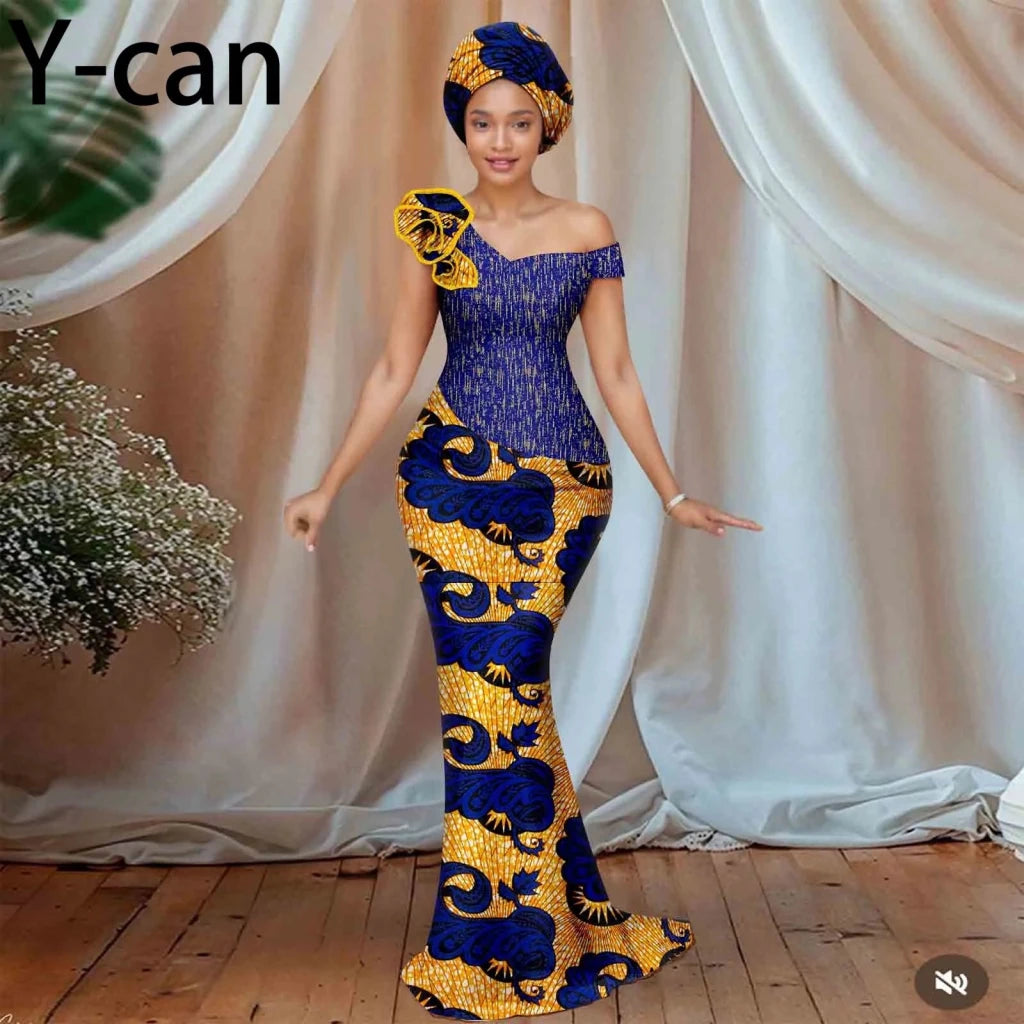 Buy Women’s African Ankara Floral Gown – One-Shoulder Sexy Dress with Matching Headscarf for only $77.22 at Flexi Africa!