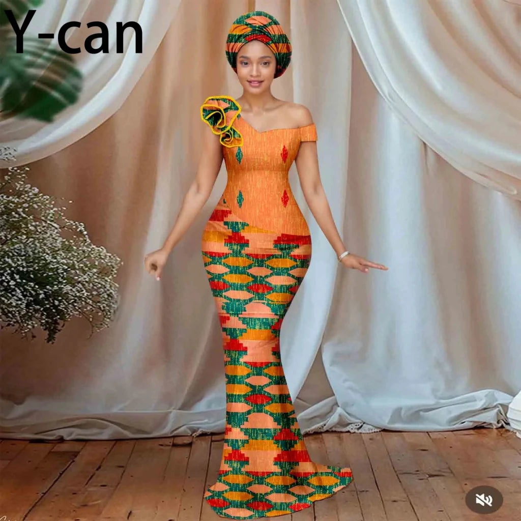 Buy Women’s African Ankara Floral Gown – One-Shoulder Sexy Dress with Matching Headscarf for only $77.22 at Flexi Africa!