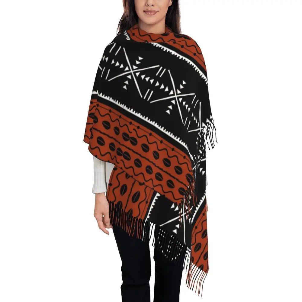 Women’s African Bogolan Tassel Shawl – Warm Tribal Art Scarf & Winter Wrap - Free Delivery Worldwide only at Flexi Africa