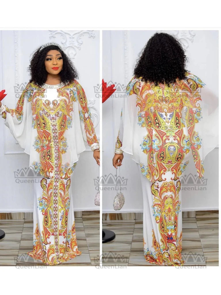 Women’s African Chiffon Maxi Dress – Batwing Sleeve Summer Dress with Diamond Print Design - Free Delivery Worldwide only at Flexi Africa