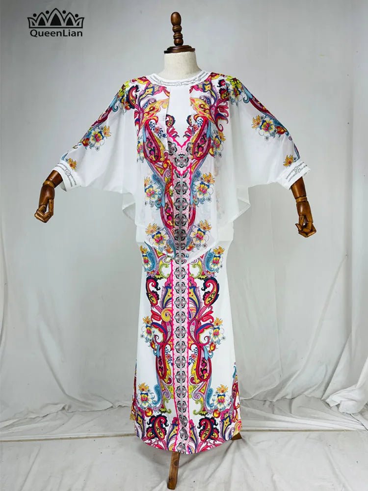 Women’s African Chiffon Maxi Dress – Batwing Sleeve Summer Dress with Diamond Print Design - Free Delivery Worldwide only at Flexi Africa