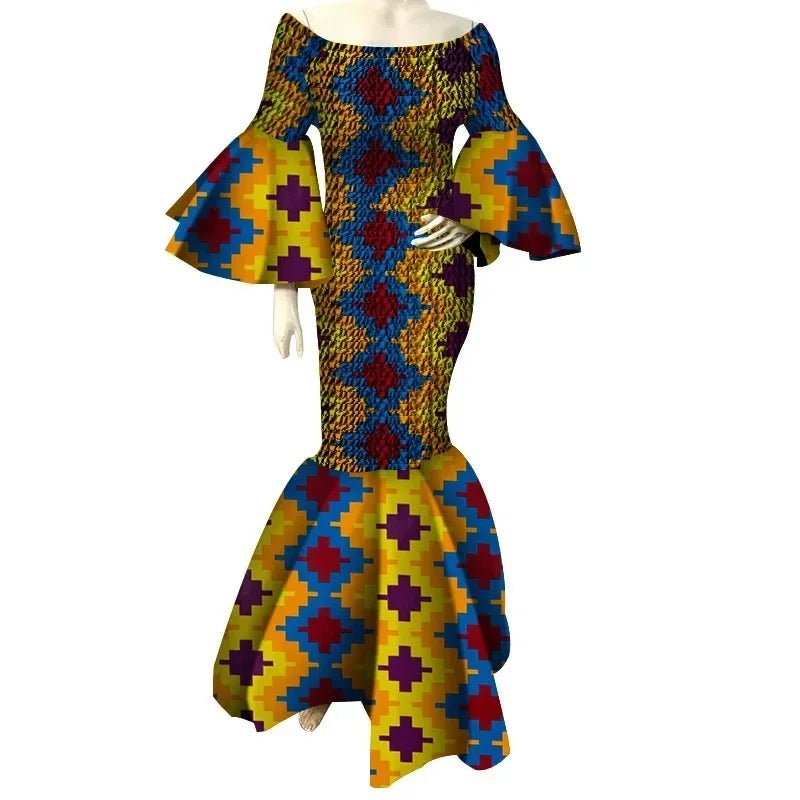Women’s African Print Ankara Long Dress – Stretch Fit with Ruffle Sleeves - Free Delivery Worldwide only at Flexi Africa