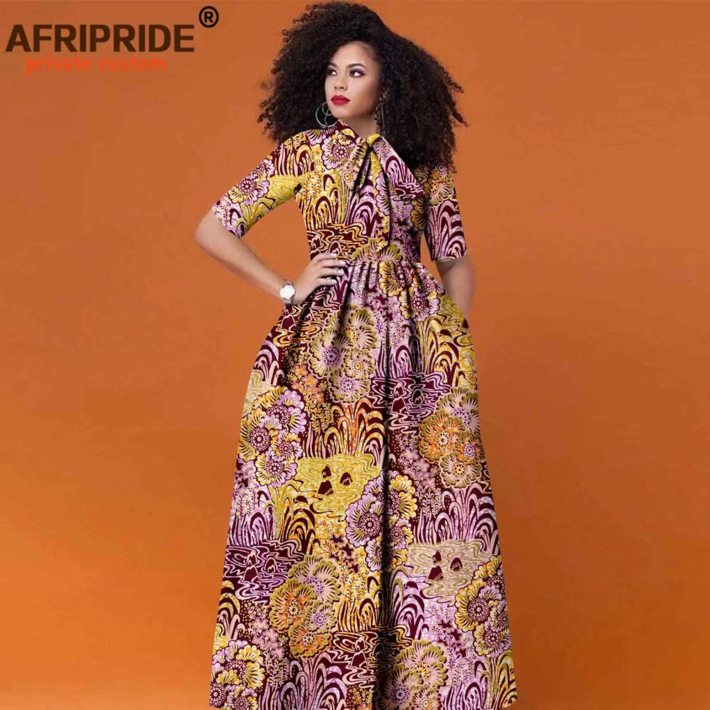 Women’s African Print Maxi Dress – Traditional High Waist Ankara Half Sleeve Attire - Free Delivery Worldwide only at Flexi Africa