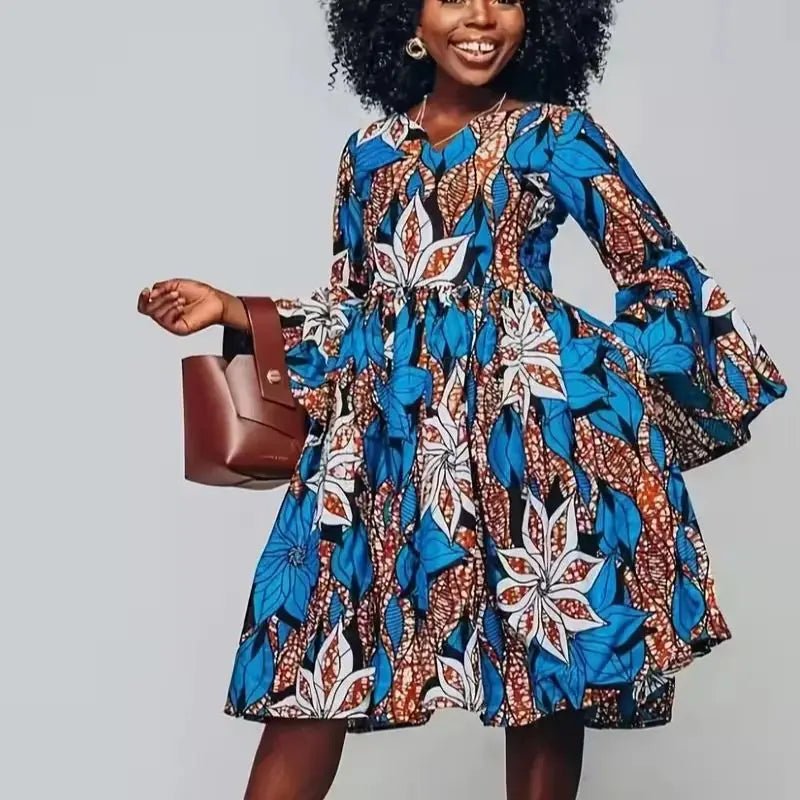 Women’s Ankara Print Maxi Dress – Traditional African V - Neck Dress with Ruffle Sleeves - Free Delivery Worldwide only at Flexi Africa