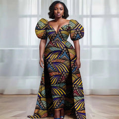 Women’s Ankara V - Neck Dress – Bubble Sleeve African Print with Layered Back Hem - Free Delivery Worldwide only at Flexi Africa