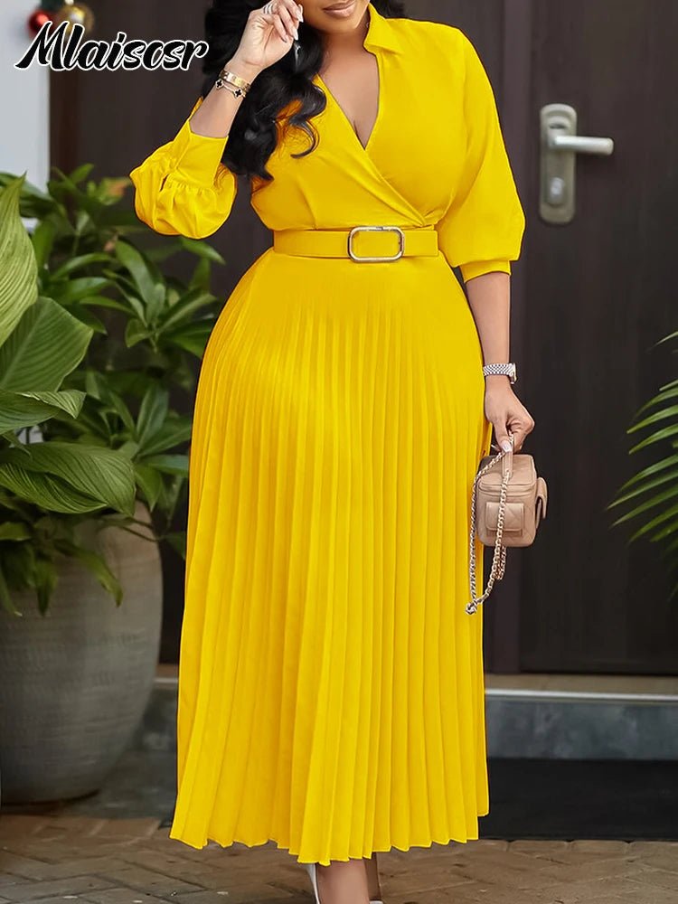 Women’s Slim Fit Purple Pleated Dress – V - Neck, Belted A - Line Evening & Party Robe - Free Delivery Worldwide only at Flexi Africa